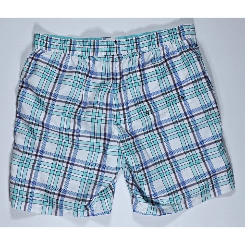 Merona Men's Plaid Swim Trunks Teal Blue White Board‎ Shorts Size Large
